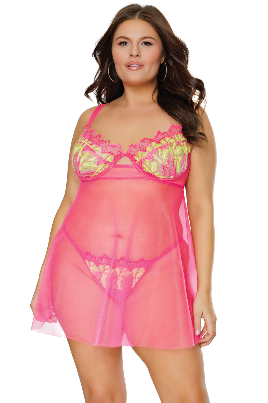 Coquette - 24112 PLUS - Babydoll & Thong - Pink/Yellow - Stag Shop