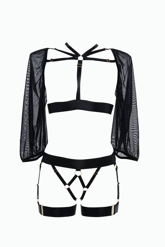 Allure Lingerie - Adore - Ibiza Babe Strappy Harness Set with Sleeves - Black - OS - Stag Shop