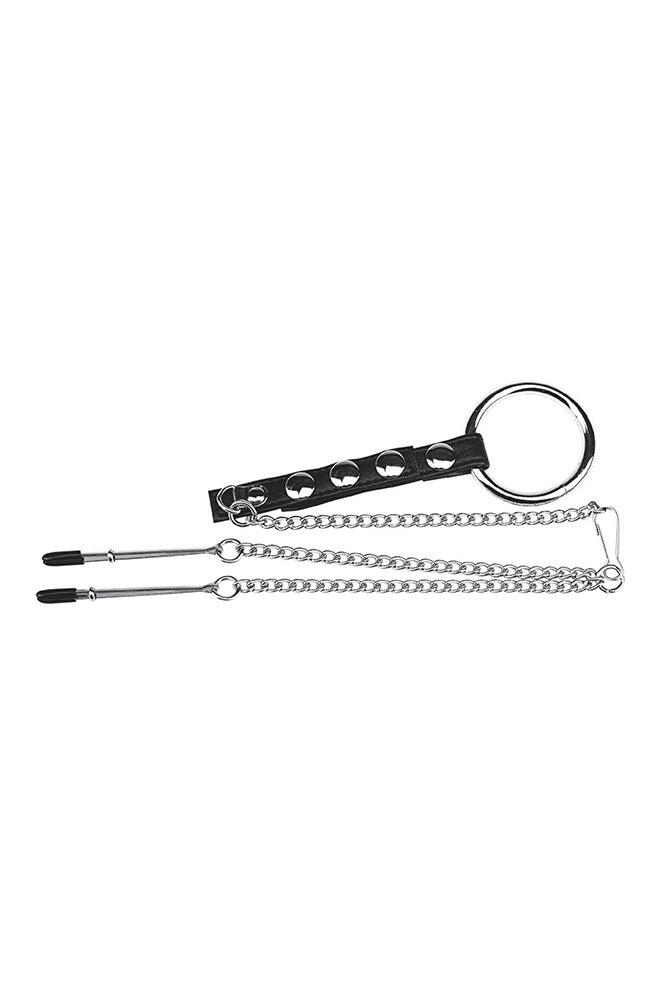 Electric Eel - Blue Line - Cock Ring With Nipple Tweezers - Black/Silver - Stag Shop