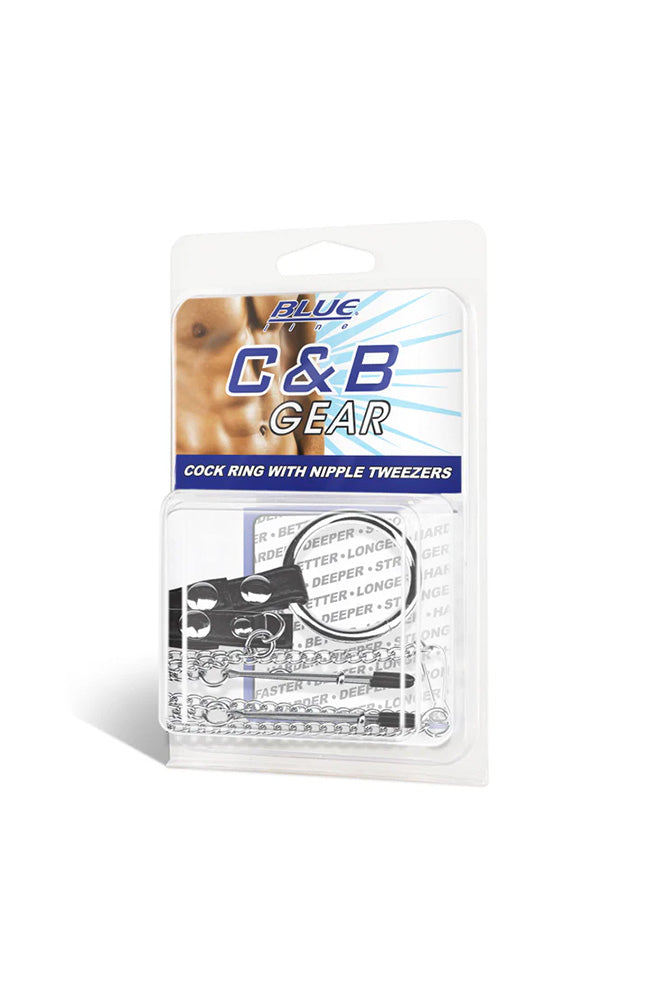 Electric Eel - Blue Line - Cock Ring With Nipple Tweezers - Black/Silver - Stag Shop