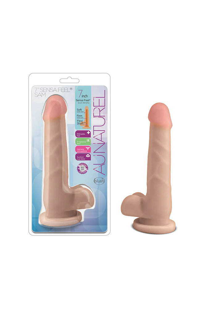 Blush Novelties - Au Naturel - Sam 7" Posable Dual Density Dildo with Balls - Beige - Stag Shop