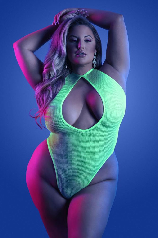 Fantasy Lingerie - Glow - Nocturnal Halter Fishnet Teddy - Neon Green - Queen Size - Stag Shop