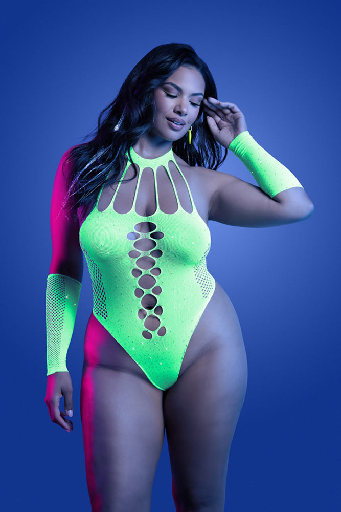 Fantasy Lingerie - Glow - Pressure Point Rhinestone Teddy & Arm Warmers - Plus Size - Stag Shop
