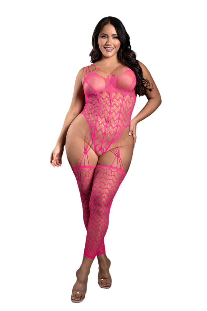 Fantasy Lingerie - Sheer - Next To You Crotchless Teddy With Attached Stockings - Plus Size - Stag Shop
