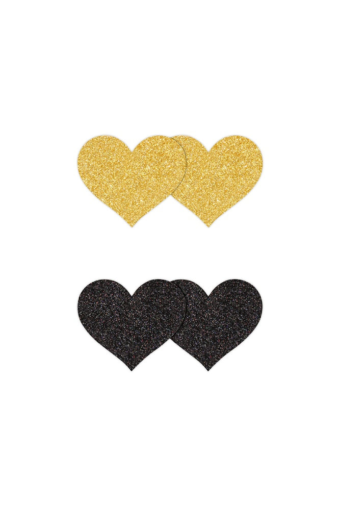 NS Novelties - Pretty Pasties - Heart Glitter Pasties 2 Pair - Black/Gold - Stag Shop
