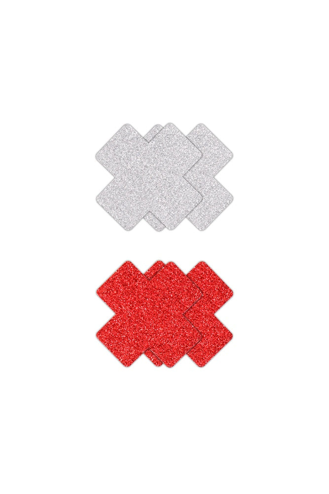 NS Novelties - Pretty Pasties - Cross Glitter Pasties 2 Pair - Silver/Red - Stag Shop