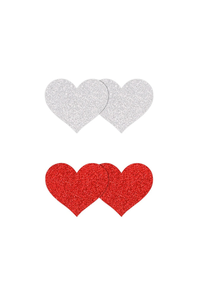 NS Novelties - Pretty Pasties - Heart Glitter Pasties 2 Pair - Silver/Red - Stag Shop