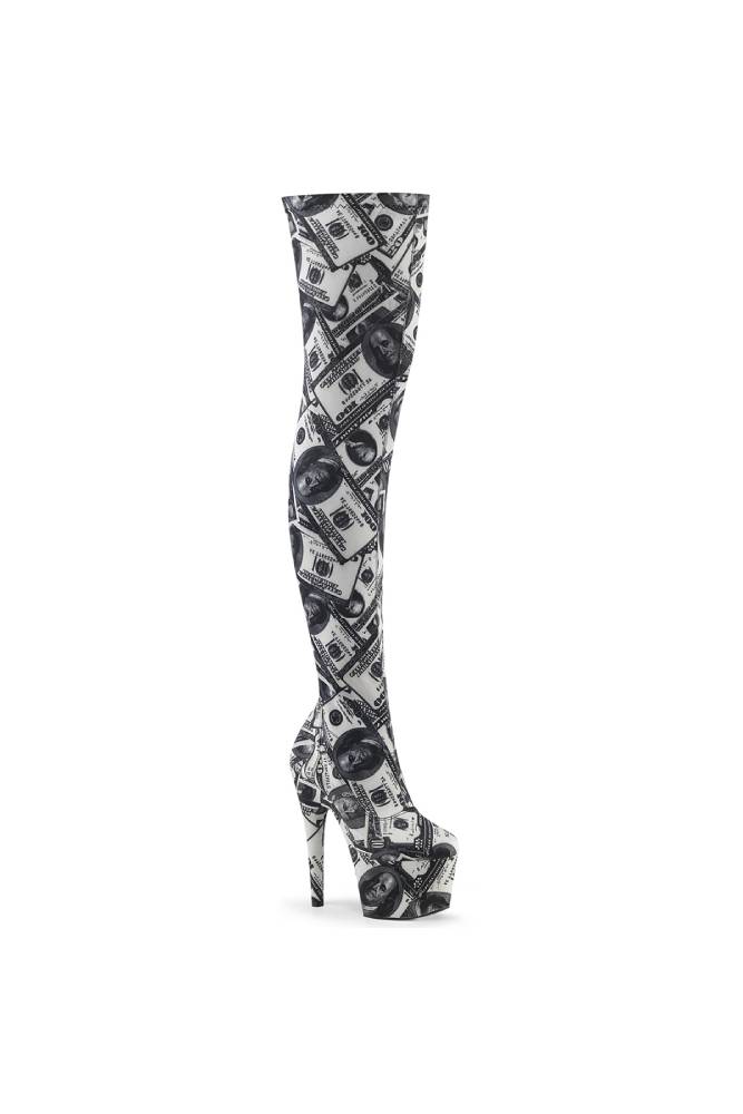 Pleaser USA - 7" Thigh High Boot with Money Print - Black/White - Stag Shop