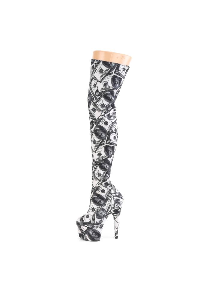 Pleaser USA - 7" Thigh High Boot with Money Print - Black/White - Stag Shop