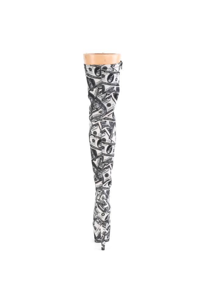 Pleaser USA - 7" Thigh High Boot with Money Print - Black/White - Stag Shop