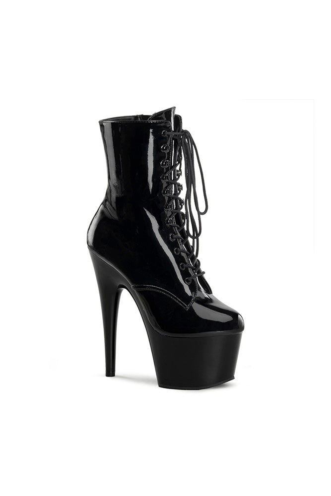 Pleaser USA - Adore 7" Stiletto Heel Patent Lace Up Platform Bootie - Black - Stag Shop