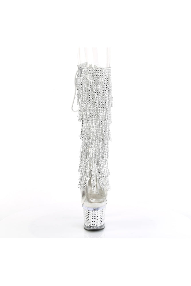 Pleaser USA - Spectator 7 Inch Crystal Fringe Spike Heel Platform - Clear/Silver - Stag Shop