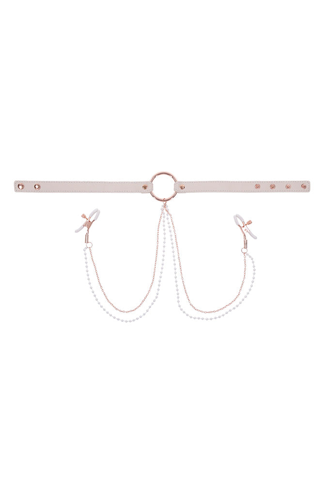 Sex & Mischief - Peaches 'N CreaMe - Collar With Nipple Clamps - Peach/Rose Gold - Stag Shop