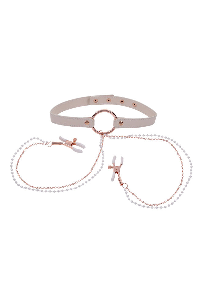 Sex & Mischief - Peaches 'N CreaMe - Collar With Nipple Clamps - Peach/Rose Gold - Stag Shop