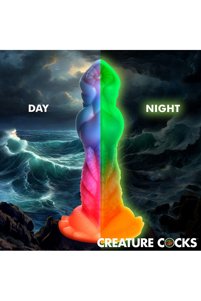 XR Brands - Creature Cocks - Aqua Cock Glow-in-the-Dark Silicone Dildo - Multicolour - Stag Shop