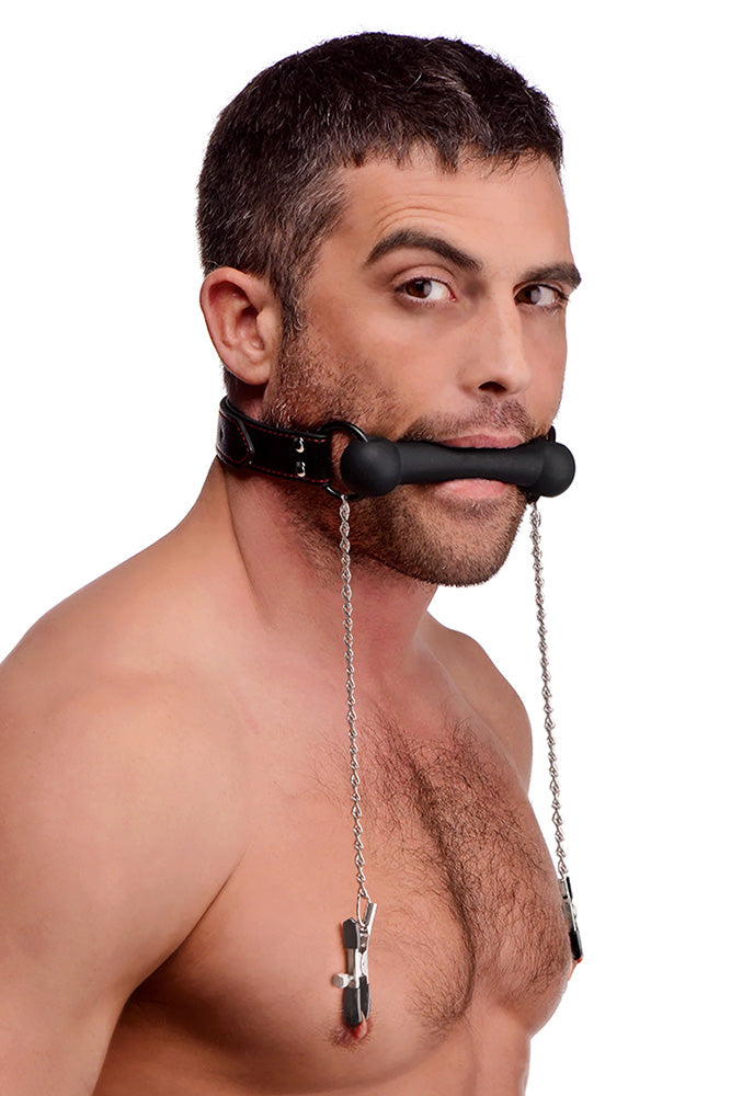 XR Brands - Strict - Silicone Bit Gag with Nipple Clamps - Black - Stag Shop