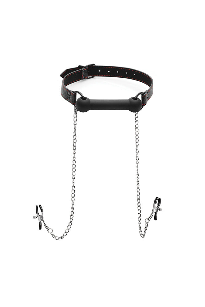 XR Brands - Strict - Silicone Bit Gag with Nipple Clamps - Black - Stag Shop