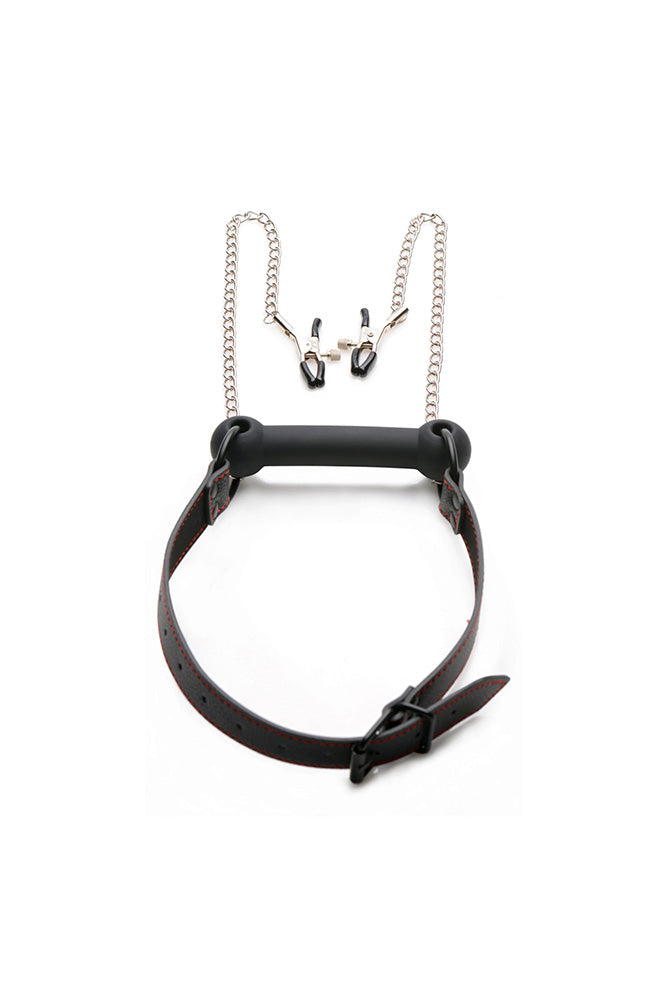 XR Brands - Strict - Silicone Bit Gag with Nipple Clamps - Black - Stag Shop