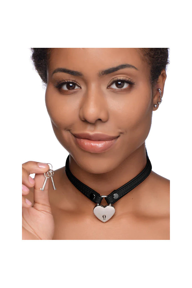 XR Brands - Master Series - Heart Lock Choker with Key - Black Leather - Stag Shop