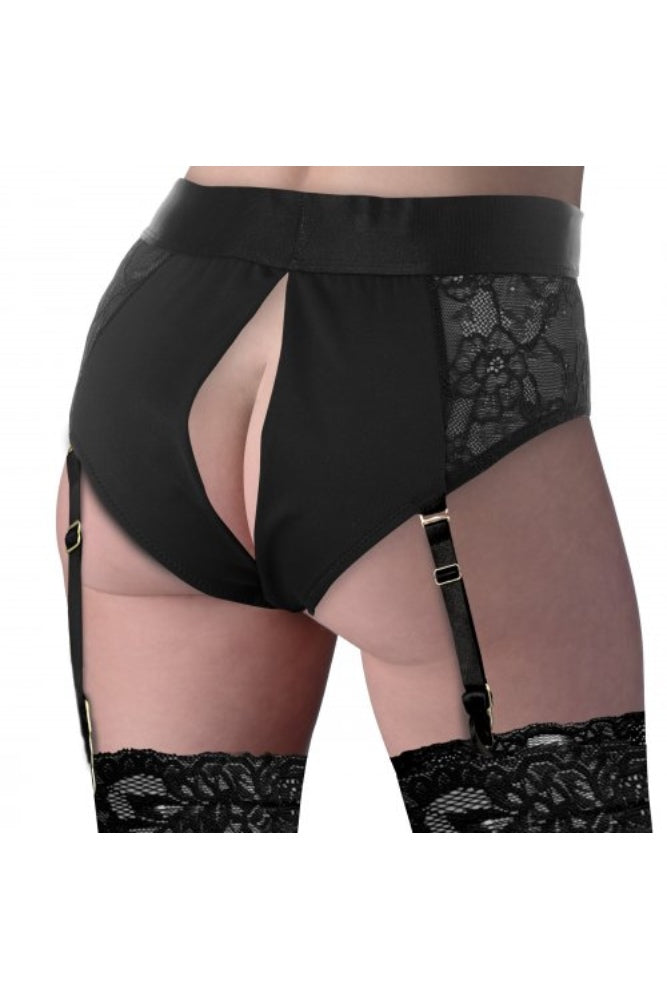 XR Brands - Strap U - Laced Seductress Crotchless Panty Harness w/ Garter Straps - Black - S/M - Stag Shop