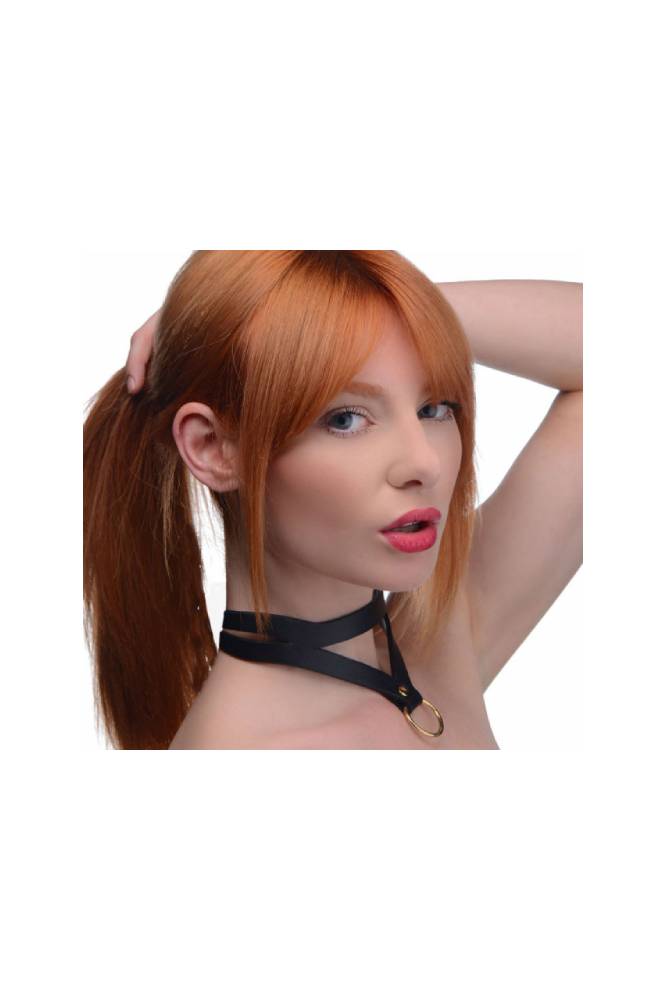 XR Brands - Master Series - Bondage Baddie Collar with O-Ring- Black/Gold - Stag Shop