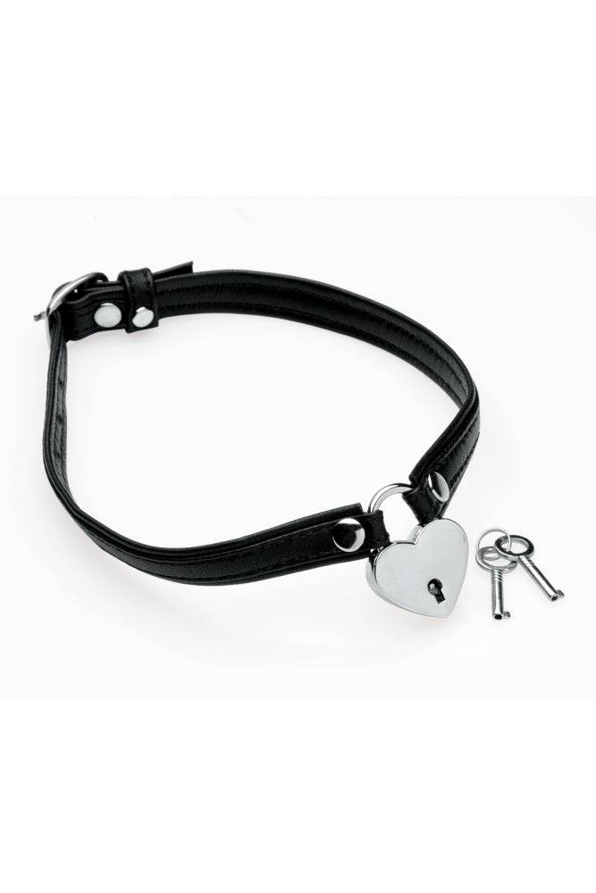 XR Brands - Master Series - Heart Lock Choker with Key - Black Leather - Stag Shop