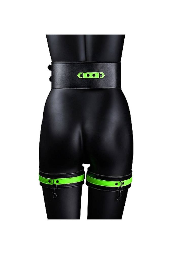 Ouch by Shots Toys - Thigh Cuffs with Belt and Handcuffs - Glow in the Dark - Stag Shop