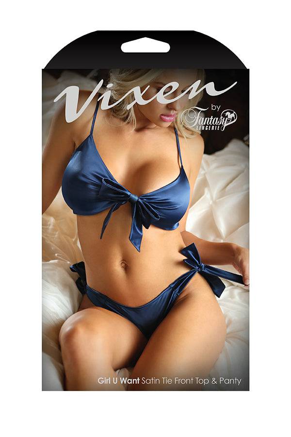 Fantasy Lingerie - V742 - Girl U Want Satin Tie Front Top & Panty - Navy - Stag Shop