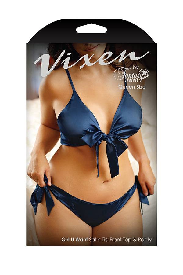 Fantasy Lingerie - V742Q - Girl U Want Satin Tie Front Top & Panty - Navy - Queen Size - Stag Shop