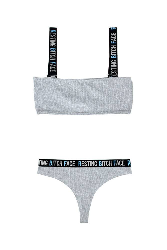 Fantasy Lingerie - AF904 - Resting Bitch Face Crop Top & Thong Panty Set - Grey - Stag Shop