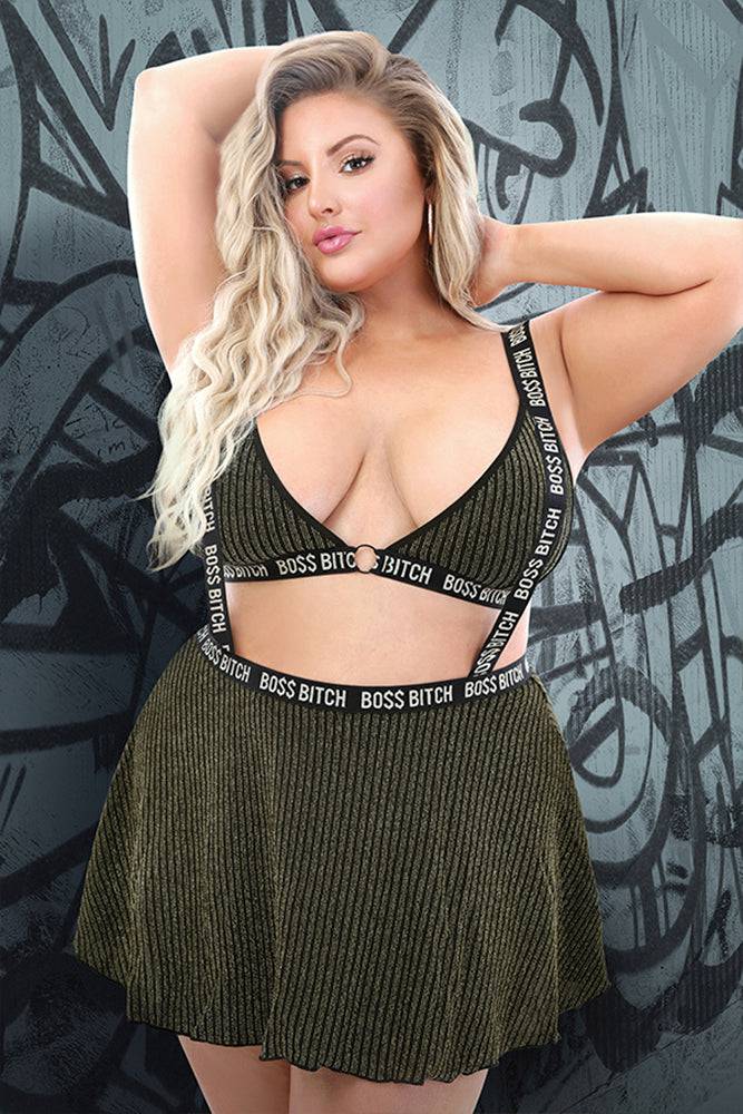 Fantasy Lingerie - AF911 - BOSS Bitch Suspender Skirt - Black/Gold - Queen Size - Stag Shop