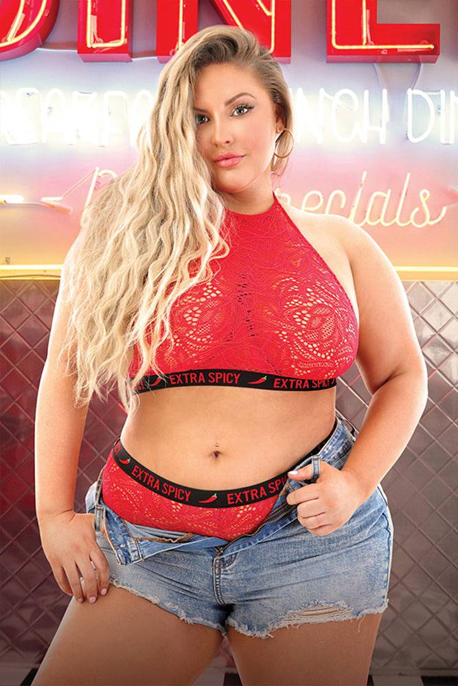 Fantasy Lingerie - AF924 - Extra Spicy Halter Bralette & Cheeky Panty - Red/Black - Queen Size - Stag Shop