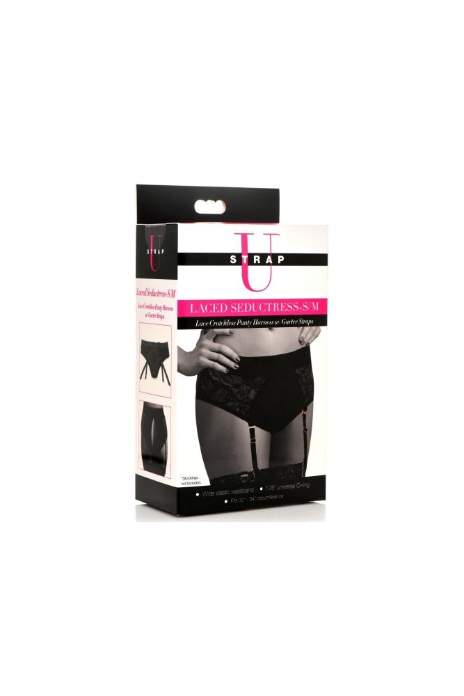 XR Brands - Strap U - Laced Seductress Crotchless Panty Harness w/ Garter Straps - Black - S/M - Stag Shop
