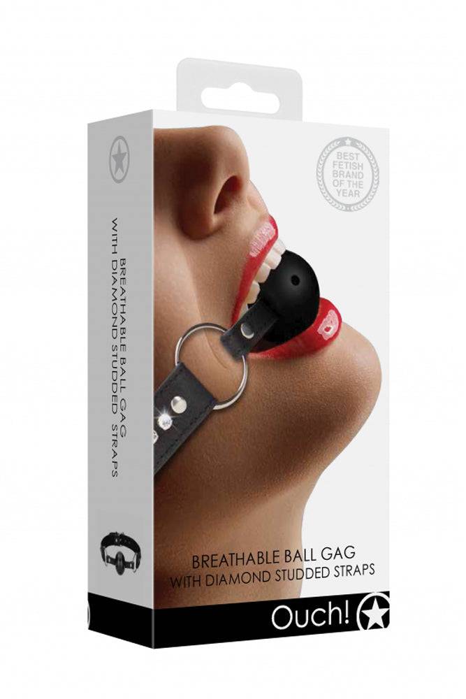 Ouch by Shots Toys - Breathable Ball Gag With Diamond Studded Straps - Black - Stag Shop