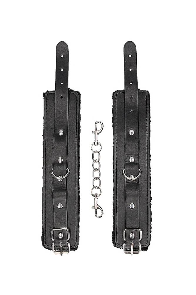 Ouch by Shots Toys - Black & White - Plush Adjustable Bonded Leather Wrist Cuffs - Black - Stag Shop