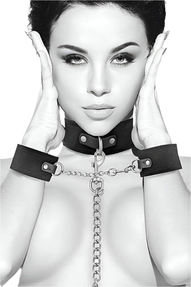 Ouch by Shots Toys - Black & White - Velcro Collar with Leash & Hand Cuffs - Black - Stag Shop