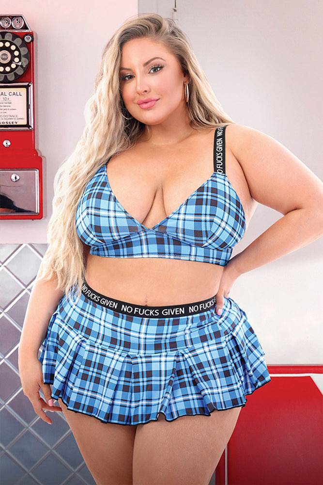 Fantasy Lingerie - AF927 - No Fucks Given Box Pleat Skirt - Blue Plaid - Queen Size - Stag Shop