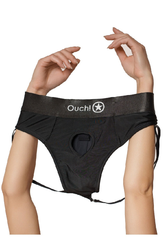 Ouch by Shots Toys - Vibrating Strap-on Panty Harness with Open Back - Black - Various Sizes - Stag Shop