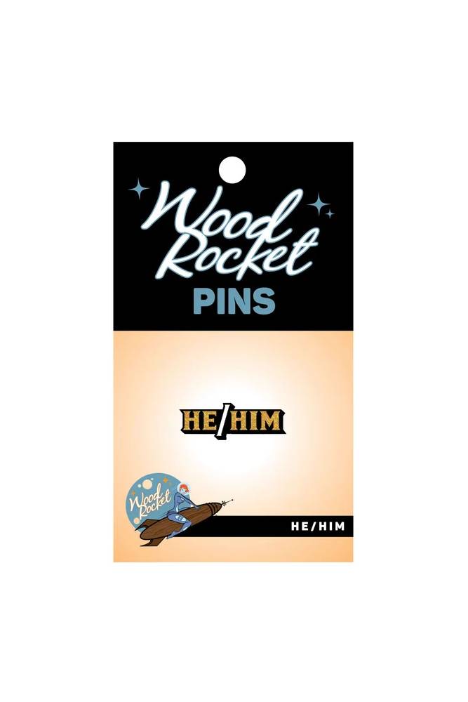 Wood Rocket - He/Him Pronoun Enamel Pin - Gold - Stag Shop