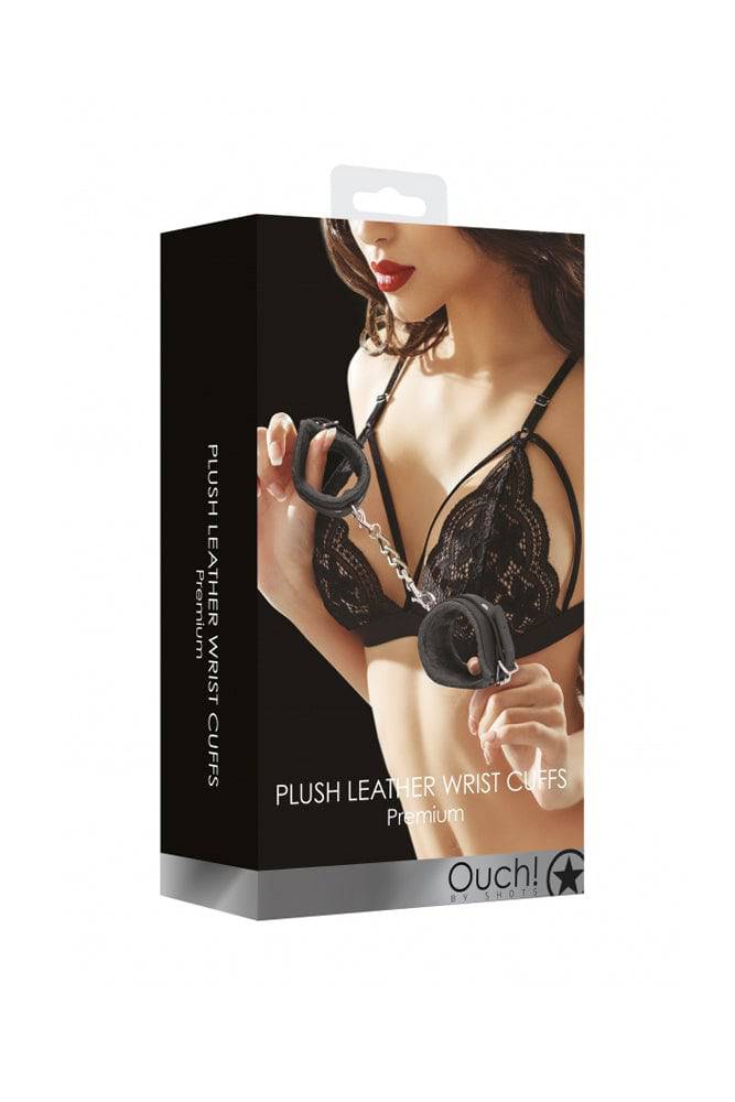 Ouch by Shots Toys - Plush Leather Wrist Cuffs - Black - Stag Shop
