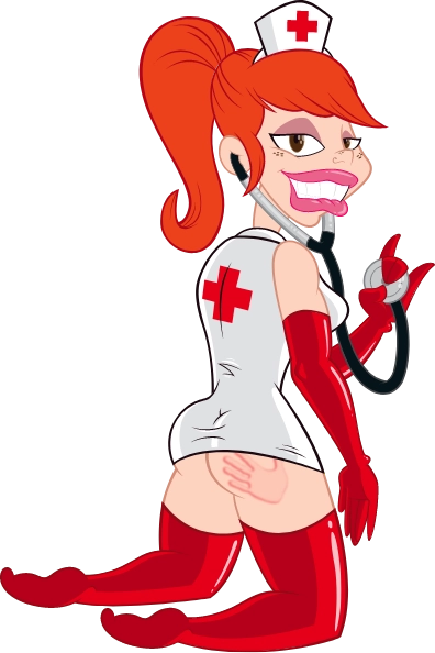 A cartoon female nurse wearing a stethescope with impact hand print on butt.