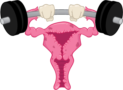 A cartoon depiction of a uterus lifting weights.