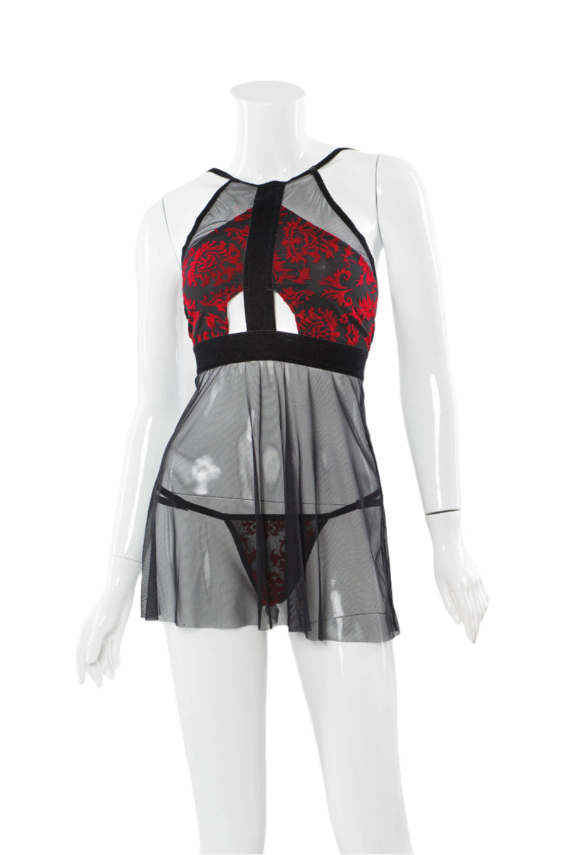 Coquette - 20308 - Halter Babydoll & G-string Set - Red/Black - OS - Stag Shop