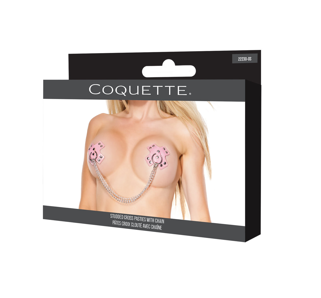 Coquette - 22230 - Studded Cross Pasties with Chain - Pink - Stag Shop