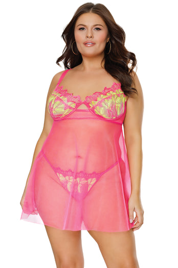 Coquette - 24112 PLUS - Babydoll & Thong - Pink/Yellow - Stag Shop