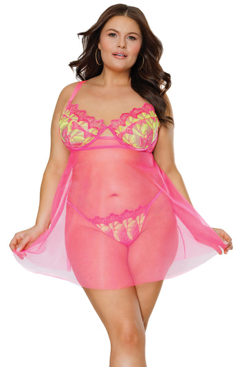Coquette - 24112 PLUS - Babydoll & Thong - Pink/Yellow - Stag Shop