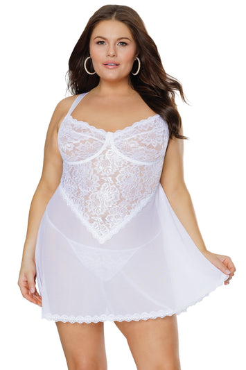 Coquette - 24125 PLUS - Babydoll & G-String - White - Stag Shop