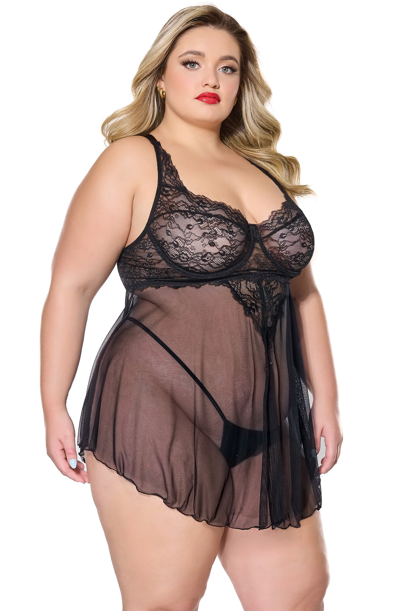 Coquette - 24310 PLUS Babydoll & G-String - Black - Stag Shop