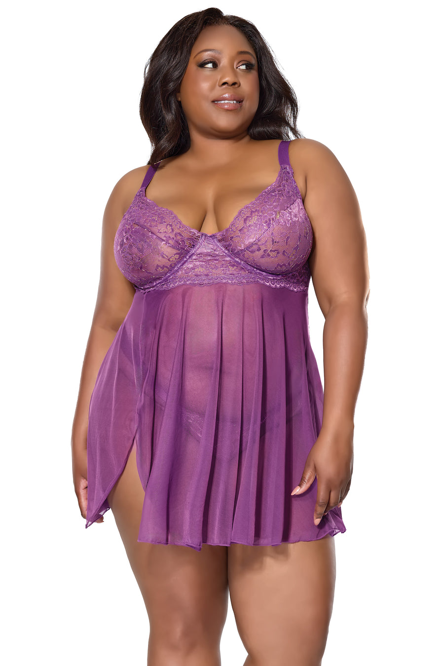 Coquette - 25119 PLUS - Babydoll & Thong - Purple - Stag Shop