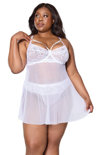 Coquette - 25127 PLUS - Babydoll & Thong - White - Stag Shop